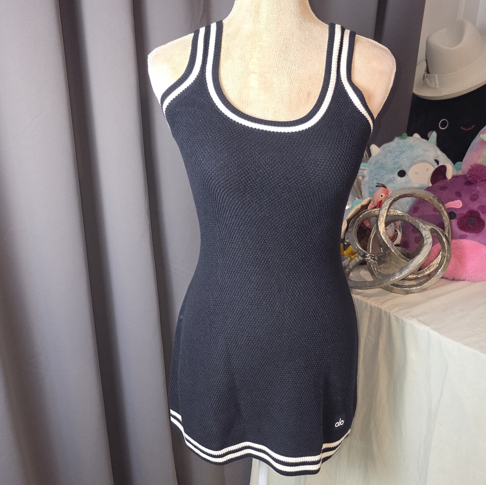 Alo Yoga Varsity Knit Tennis Mini Dress Women’s XS Black White Trim Cotton